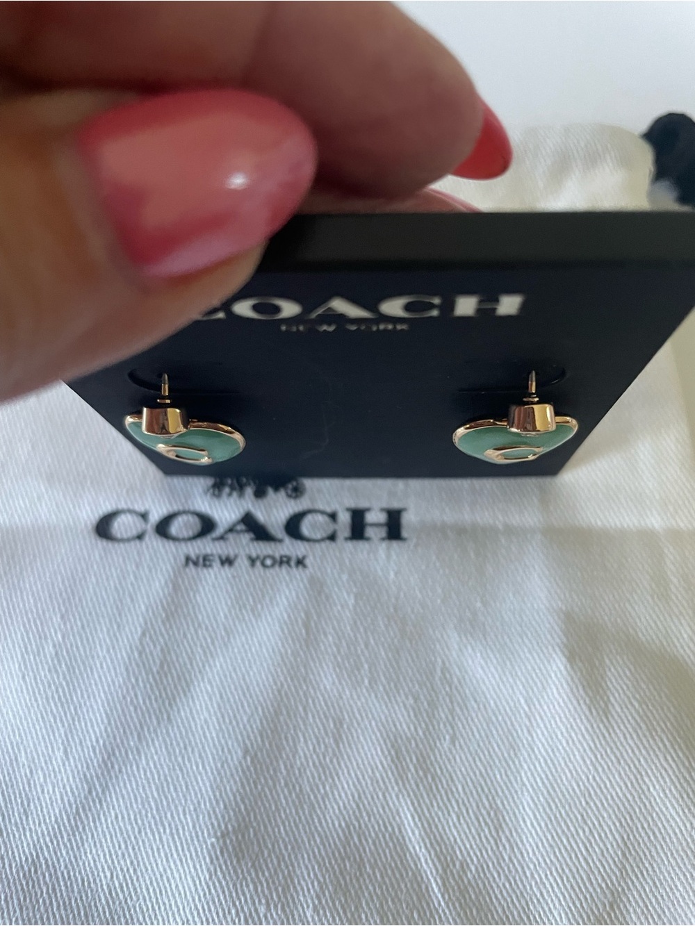 Coach Mint Green Heart Drop Earrings with Gold 'C' and Crystal Studs - Picture 3 of 4